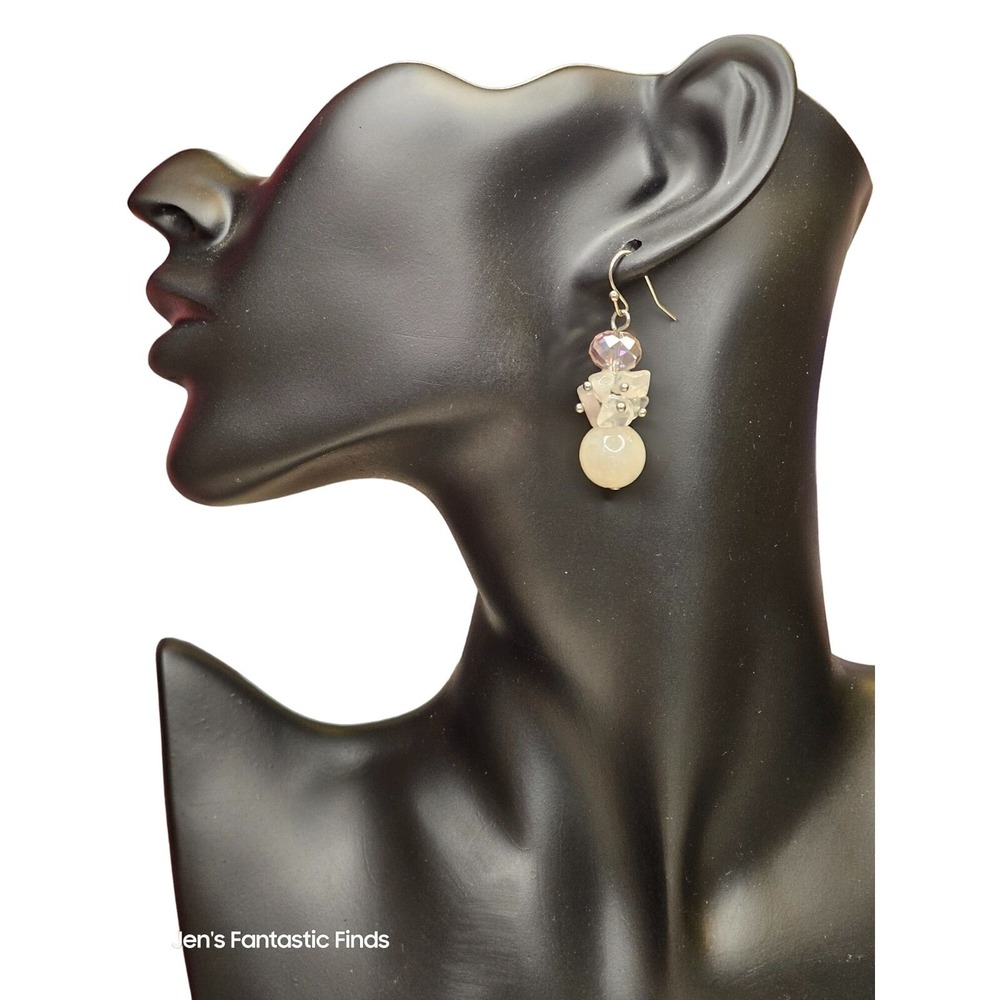 925 Sterling Silver‎ Rose Quartz AB Bead Dangle Earrings Pink Boho Handmade 1"